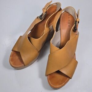 Hinge Tan Leather Cork Wedge Sandals Slingback Platform Open Toe 9M